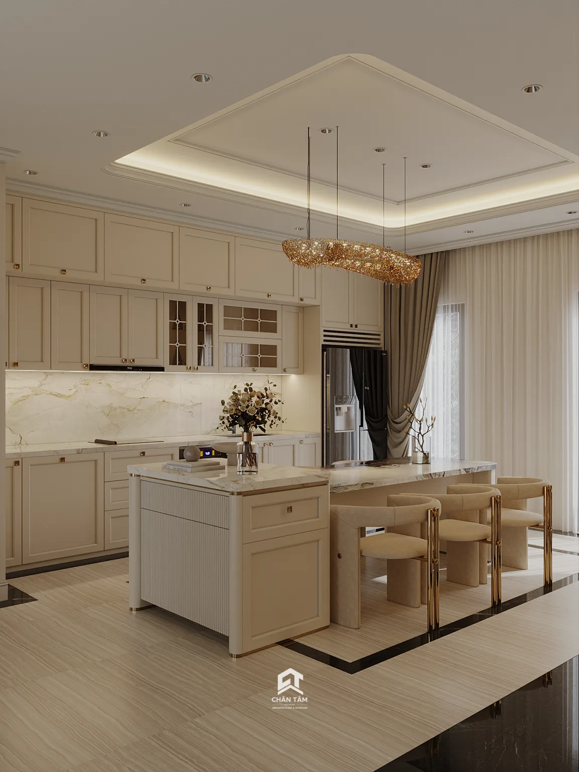 Khu bếp có bàn thao tác trung tâm