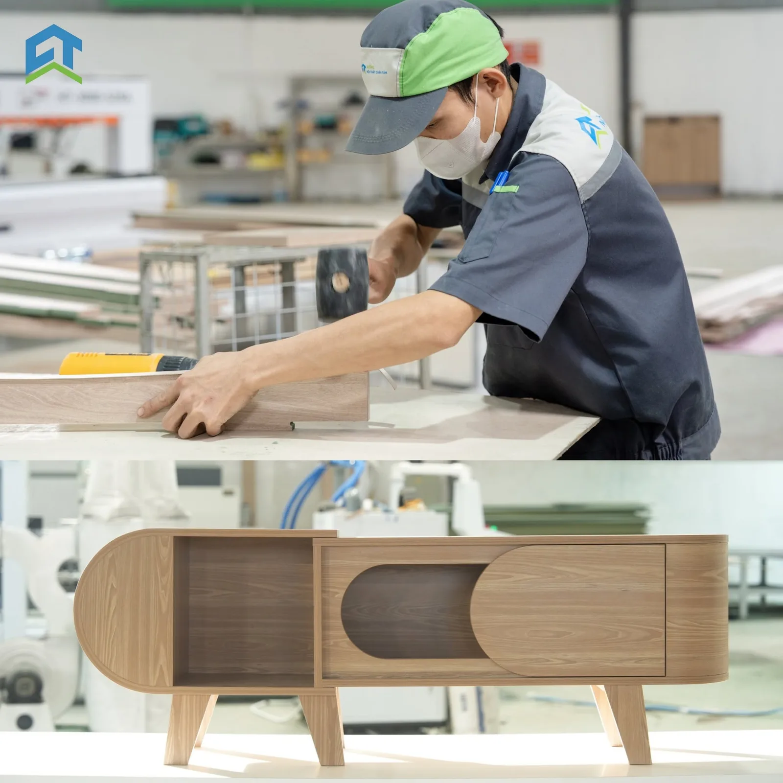 Thợ thao tác gia công đồ gỗ tại xưởng Chân Tâm