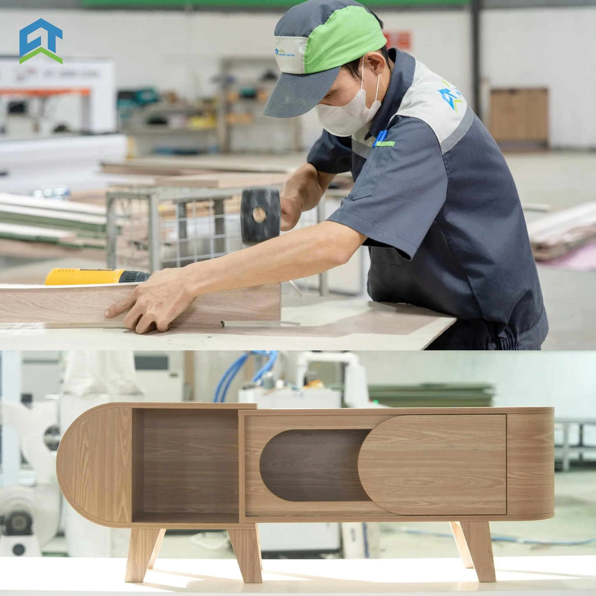 Thợ thao tác gia công đồ gỗ tại xưởng Chân Tâm