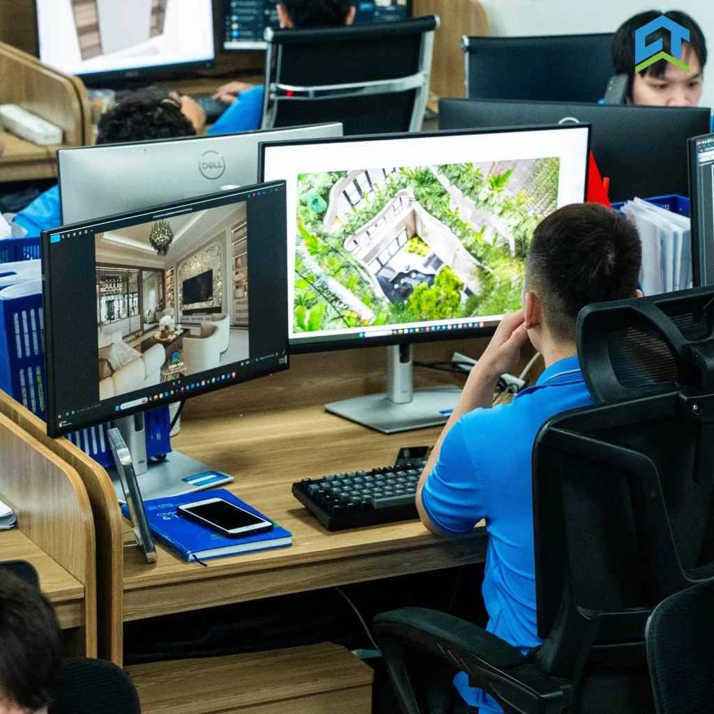 Nhân sự triển khai thiết kế nội thất trên máy tính